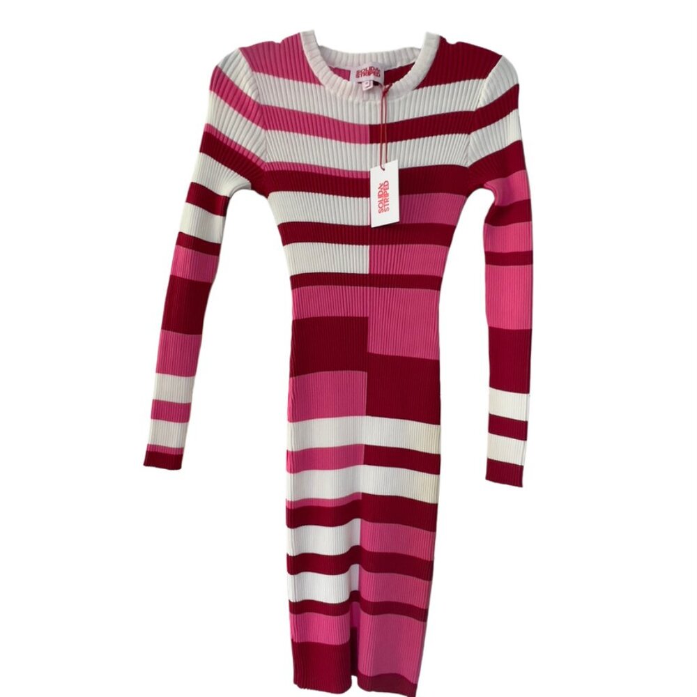 NEW Solid & Striped Bodycon Dress Ribbed Stretchy Long Sleeve Red White MEDIUM